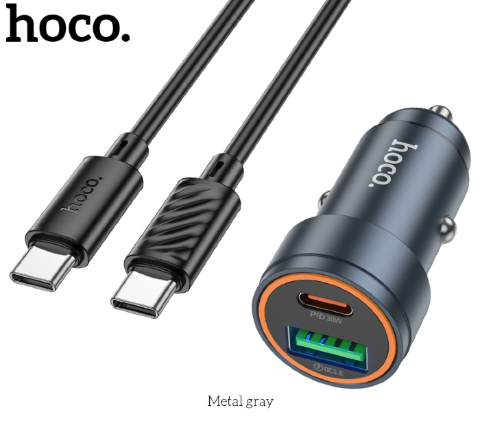 Автомобильная Зарядка HOCO Z57A Glorious PD30W+QC3.0 car charger set(Type-c to Type-c) Metal Gray купить оптом купить оптом