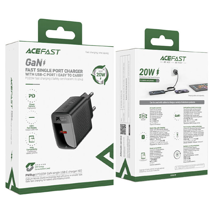 Сетевое зарядное устройство ACEFAST A82 PD20W GaN Single USB-C Charger (EU) Black купить оптом купить оптом