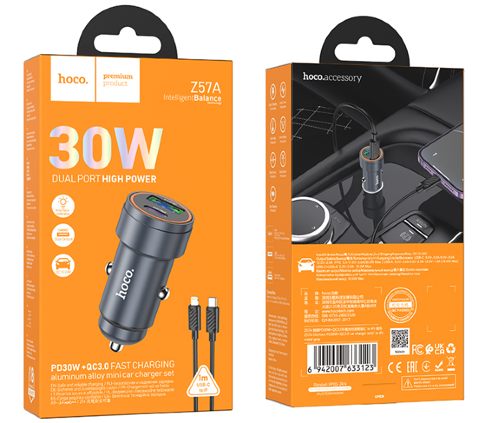 Автомобильная Зарядка HOCO Z57A Glorious PD30W+QC3.0 car charger set(Type-c to IP) Metal Gray купить оптом купить оптом