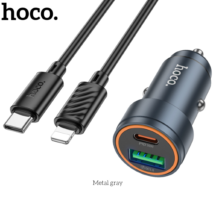 Автомобильная Зарядка HOCO Z57A Glorious PD30W+QC3.0 car charger set(Type-c to IP) Metal Gray