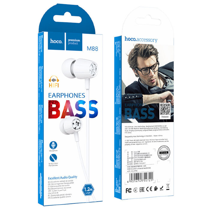 Наушники hoco M88 Graceful universal earphones with mic - White купить оптом купить оптом