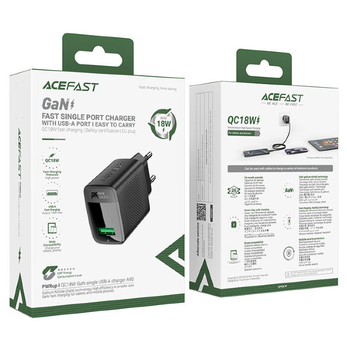 Сетевое зарядное устройство ACEFAST A90 QC18W GaN Single USB-A Charger (EU) Black купить оптом купить оптом