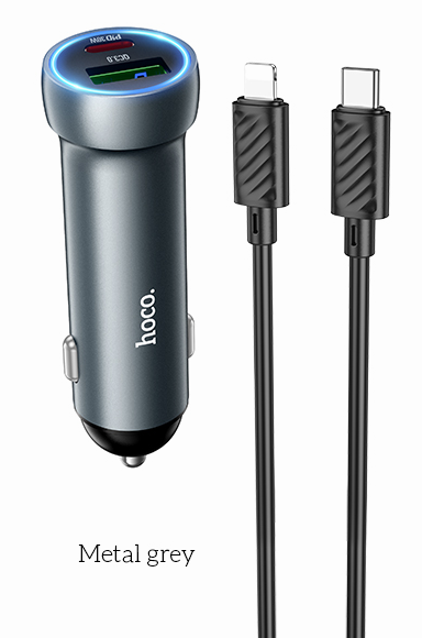 Автомобильная Зарядка HOCO Z54A Prosperous 48W dual-port PD30W+QC3.0 car charger set(type-c to ip) Metal grey купить оптом купить оптом
