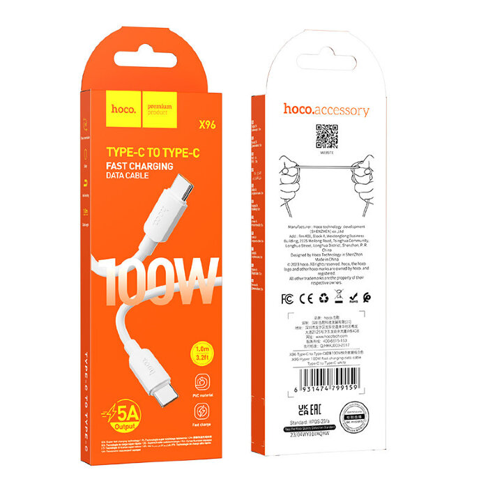 Кабель Hoco X96 hyper 100W fast charging data cable type-c to type-c - White купить оптом купить оптом