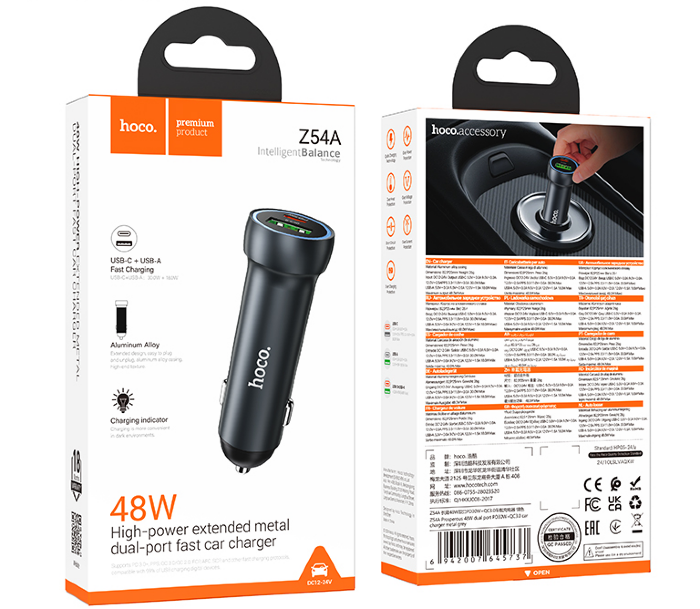 Автомобильная Зарядка HOCO Z54A Prosperous 48W dual-port PD30W+QC3.0 car charger Metal grey купить оптом купить оптом